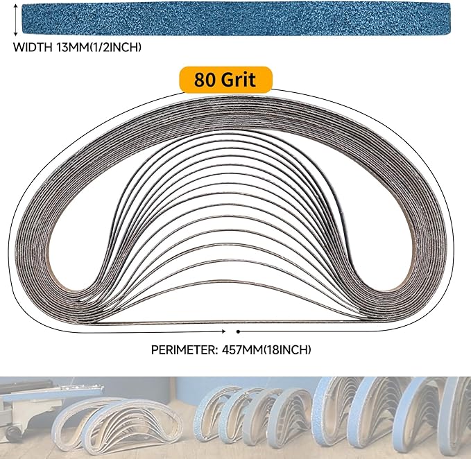 40-Piece 1/2 x 18 Inch 80 Grit Zirconia Sanding Belts, Heavy Duty Long-lasting Mini Sanding Bands for Belt Sander, Rust Paint Removal, Wood Metal Grinding and Finishing