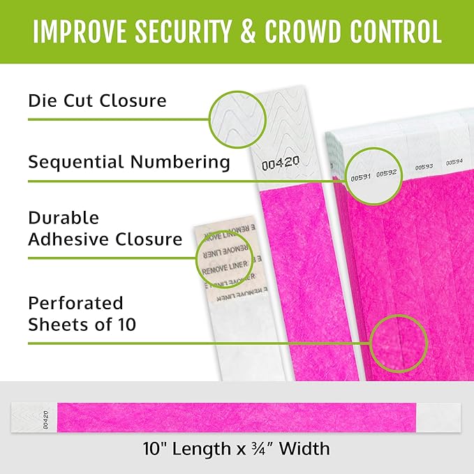 10,000 WristCo Neon Pink Tyvek Wristbands for Events - Tamper-Proof Design & Fluorescent Color Prevent Reuse Premium-Grade Bracelets for Hospital & Medical ID, Party & VIP Identification