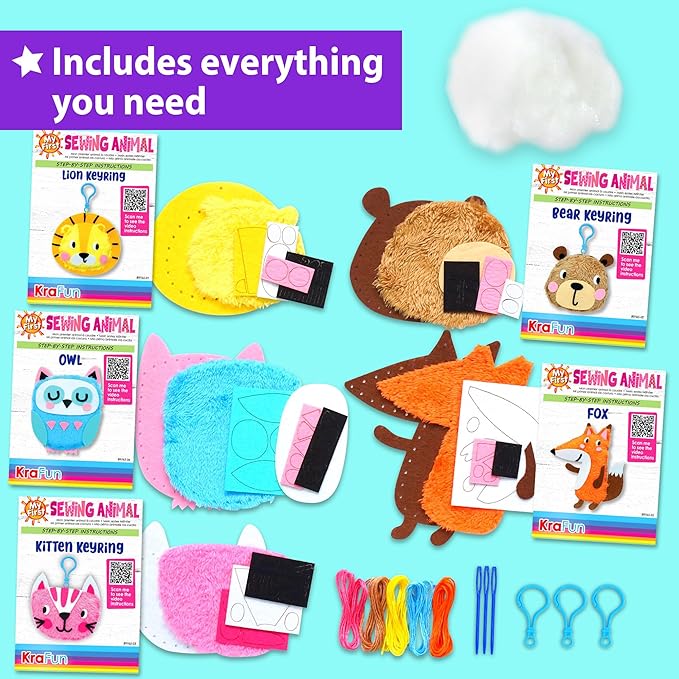 KRAFUN Animal Keyring Charm Sewing Kit Age 6+ | 5 Projects | 5 stuffed animal - Image 2