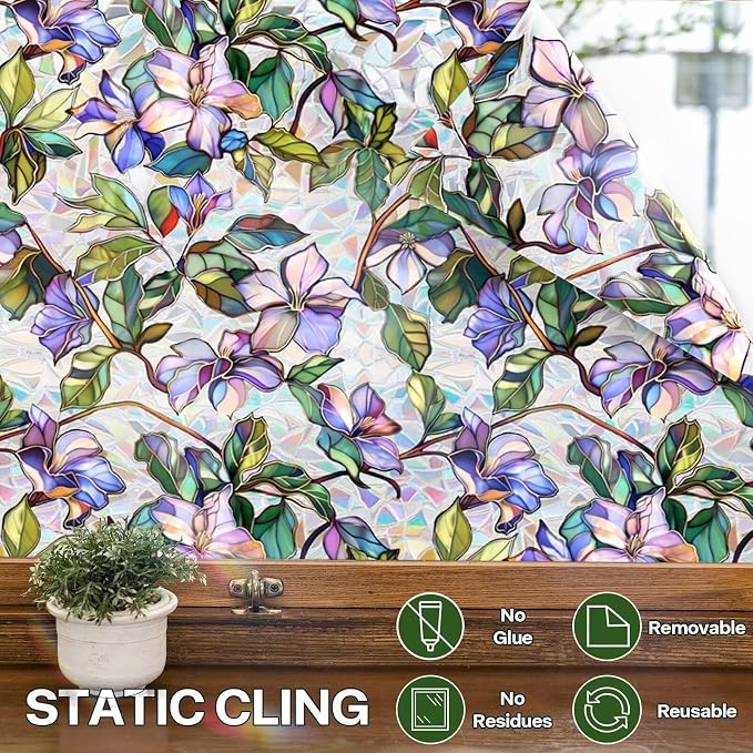 Purple Flower Stained Glass Window Film, Rainbow Floral Static Cling Privacy - Image 7