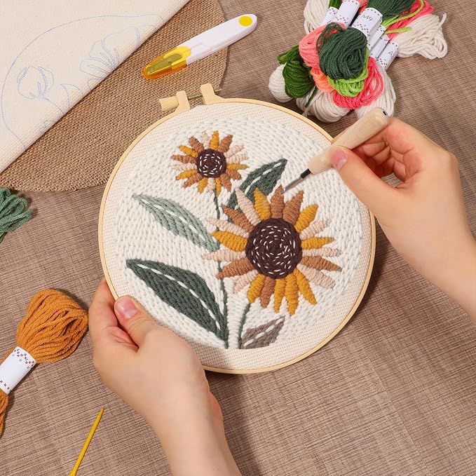 3 Pcs Punch Needle Kits, 7.87 Inch Flower Punch Needle Kit Sunflowers and - Image 7