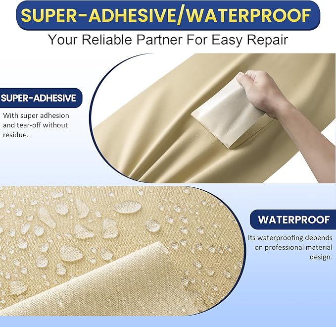 Self-Adhesive Canvas Repair Tape, 8.3" x 11" Waterproof Canvas Repair Patch, Fabric Patch Repairs Kit for Furniture, Tents, Sunbrellas, Boat Covers Awnings, Couches, Clothes, Bags Light Beige