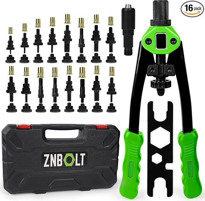 Dual Function Hand Rivet Gun with Rugged Carrying Case – Heavy Duty Single Hand Riveter with 400+ pcs Rivet Nuts, 15 Mandrels, 5 Rivet Nozzles, Blind Rivets for Plastic, Wood, Metal, Leather
