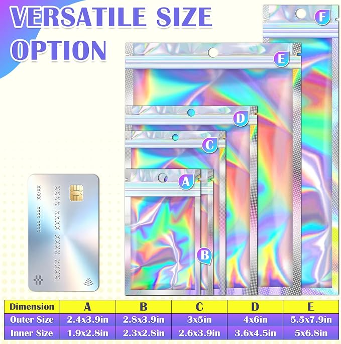 JETMORE 100 Pcs Holographic Mylar Bags, Smell Proof & Resealable Bag - Image 6