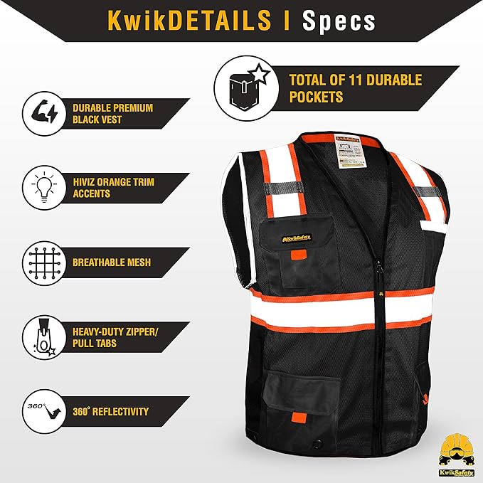 KwikSafety - Charlotte, NC - UNDERBOSS Safety Vest [11 POCKETS] Premium ANSI Class Unrated High Visibility Vest Construction Surveyor Reflective Vest Industrial Work Safety Vest for Men/Black XL