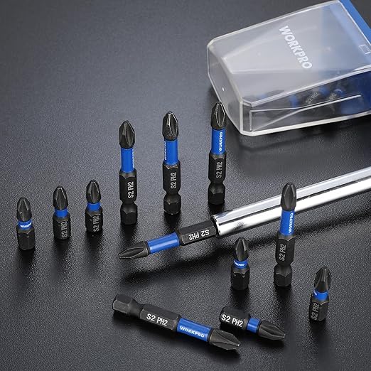 WORKPRO 16pcs PH2 Impact Phillips Screwdriver Bit Set, CNC Machined S2 Steel Tips with Magnetism, 1/4" Hex-Shank Driver Bits, 1"& 2" Long Impact Screwdriving Bits with Storage Box
