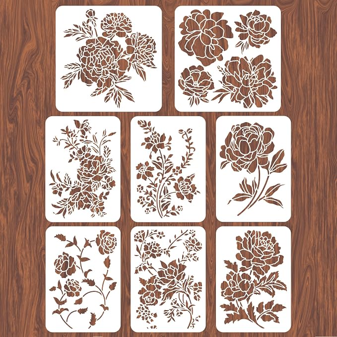 INFUNLY 8pcs Peony Wall Stencils by INFUNLY