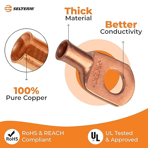SELTERM 2pcs 6 AWG 3/8" Stud (Wide Pad) Copper Wire Lugs, Battery Lugs,Ring Terminals,Battery Cable Ends, 6 Gauge Ring Terminal Connectors,UL Heavy Duty Bare Copper Eyelets Battery Terminal Connectors