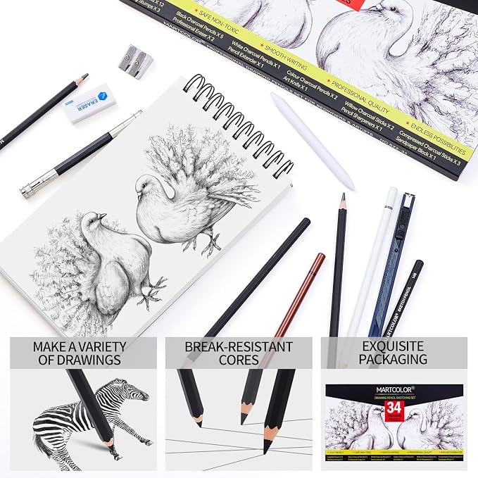 MARTCOLOR Drawing Sketching Pencils Set, 34 Pieces Pro Art Pencil Kit - Image 4