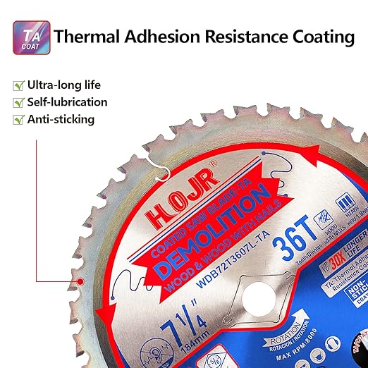 2-Pack 7-1/4" 36 Tooth 5/8" Arbor Demolition Circular Saw Blade Woodworking TA Series, Demolition/Framing, Special Anti-Heat Adhesion Coating on Cutting Head -TA, DEM 7-1/4"36T-TA