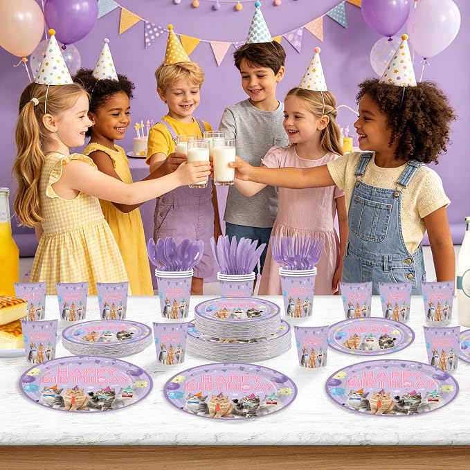 168 Pcs Purple Cat Birthday Party Decorations, Serves 24 | Cat Themed Birthday - Image 5