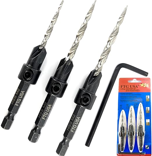 FTG USA Adjustable Wood Countersink Drill Bit Set #6#8#10 Set with Tapered Drill Bits for Woodworking