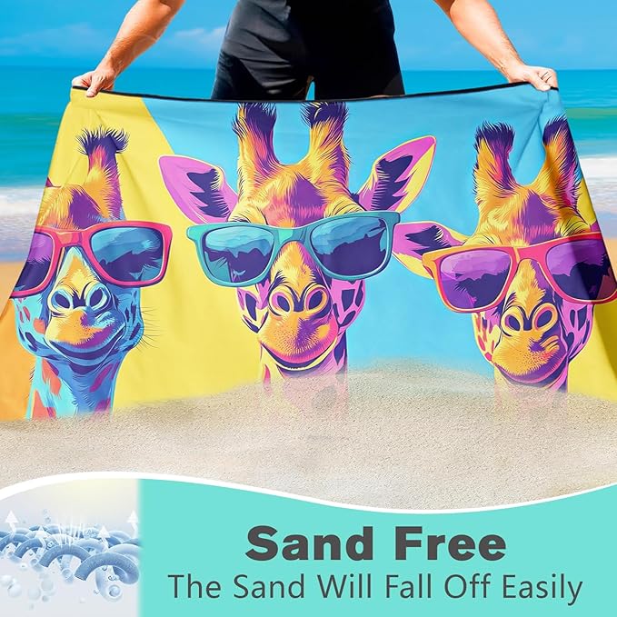 Cool Giraffe Beach Towel Oversized 36" x 72", Thin Lightweight Sand Free Quick Dry Microfiber Towel for Swimming Pool Cruise Camping Travel