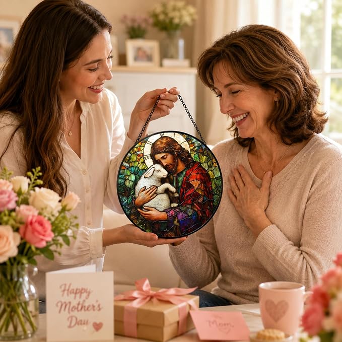 Christian Jesus Acrylic Suncatcher Faux Stained Glass Window Hanging 11.8" | - Image 2