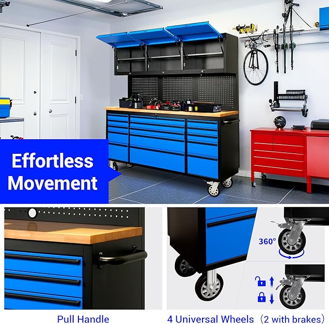 CT Copper Tailor 72-inch Rolling Tool Chest with Integrated Power Strip,15 Drawers and Wheels, Garage Workbench with Storage, 3 Upper Cabinets, Pegboard in Blue