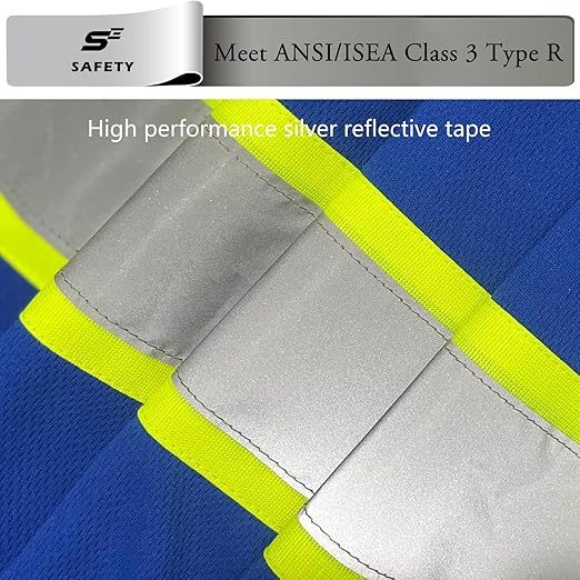 sesafety High Visibility Shirts for Men Class 3 Hi Vis Reflective Construction Shirts for Men with Pocket Safety T Shirt for Mens Work Shirt for Mens Short Sleeve Blue Yellow Strips