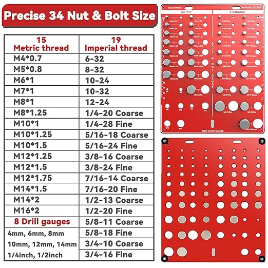 42 Nut and Bolt Thread Checker, Bolt Size and Thread Gauge, Screw Identifier Gauge with 19 Standard & 15 Metric Bolt & 8 Drill Bit Gauge, Gift for Mechanic Dad Son