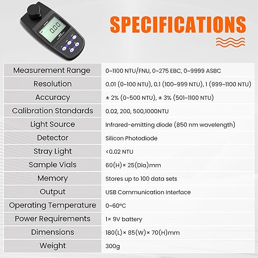 Digital Turbidity Meter with Ranges (0~1100 NTU/FNU, 0~275 EBC, 0~9999 ASBC) Handheld Turbidity Tester with Single & Continuous Modes Turbidity Gauge for Lab Water Treatment (Model AMT27)