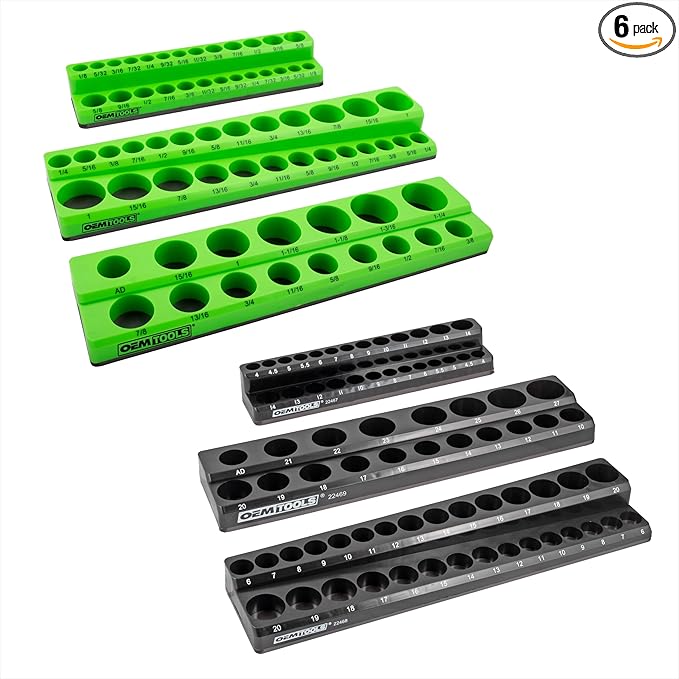 OEMTOOLS 22488 6 Pack Set Metric and SAE Magnetic Socket Tray Set, Black and Green Socket Organizers, 1/4, 3/8, 1/2 Inch Drive Socket Organizer Tray Set