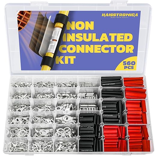 haisstronica Non Insulated Wire Connectors Kit 560 PCS - AWG 22-10 Tinned Copper Electrical Crimp Terminals with 3:1 Heat Shrink Tubing for Automotive, Marine, Industrial Wiring