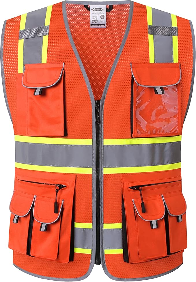 JKSafety 10 Pockets Hi-Vis Neon Color Frontal Zipper Mesh Safety Vest for Men Women Safety Utility for works Comply to ANSI/ISEA Class 2 (86-Orange 3XL)