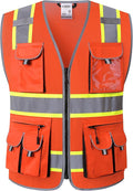 JKSafety 10 Pockets Hi-Vis Neon Color Frontal Zipper Mesh Safety Vest for Men Women Safety Utility for works Comply to ANSI/ISEA Class 2 (86-Orange M)
