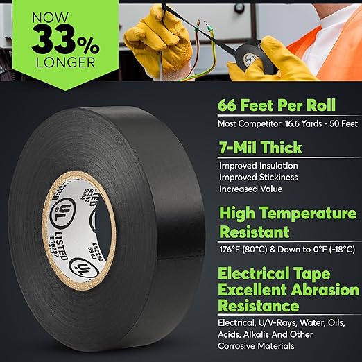 Black Electrical Tape - Professional Grade - 3/4 inch x 66ft - PVC Vinyl Electrical Insulating Tape for All Weather - U/L Approved - Waterproof - Pack of 3