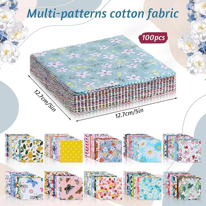 100 Pcs 5"x 5" Charm Packs for Quilting, Precut Multi-Color Printed Floral - Image 3