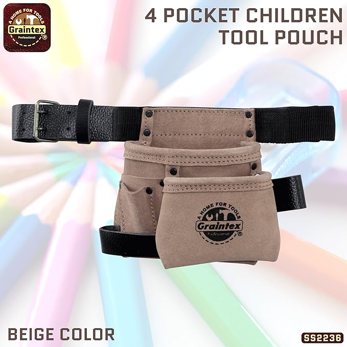 Graintex 4 Pocket Children Tool Pouch Suede Leather with Leather Belt and Hammer Loop