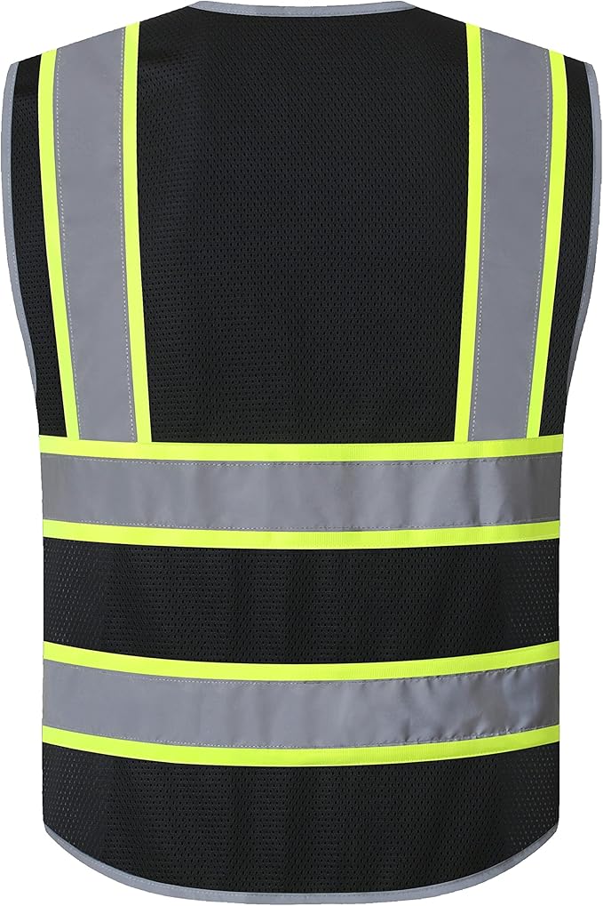 JKSafety 10 Pockets Hi-Vis Neon Color Frontal Zipper Mesh Safety Vest for Men Women Safety Utility for works Comply to ANSI/ISEA Standards (86-Black 3XL)