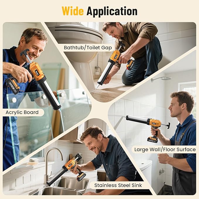 Electric Caulking Gun, Cordless Caulking Gun with 2x 2000mAh Batteries, 9Pcs Silicone Caulking Tools, 4 Adjustable Speeds, LED Light, 10OZ Battery Silicone Gun for Filling, Sealing (Yellow)