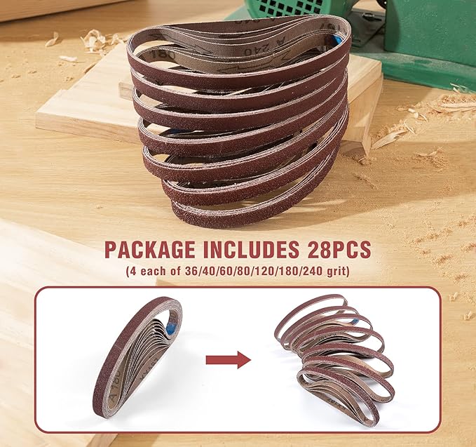 S SATC 1/2x18 Inch Sanding Belts 28 Pcs 4 each of 36/40/60/80/120/180/240 Assorted Grits Sanding Belt Long-Lasting Perfect for Woodworking, Metalworking, and More