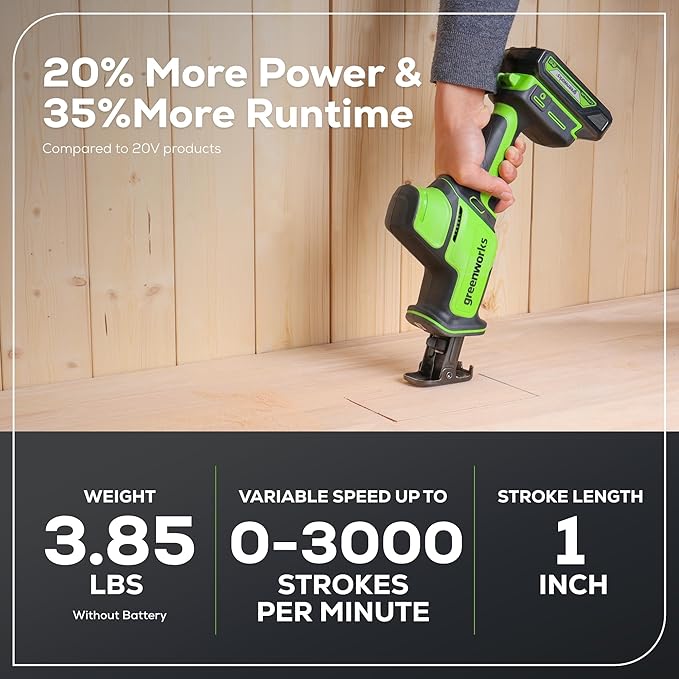Greenworks 24V Brushless Cordless Reciprocating Saw,1" Compact One-Handed Recip Saw(3,000 SPM),Variable Speed, 2.0Ah Battery and Compact Charger Included,‎ RSG404