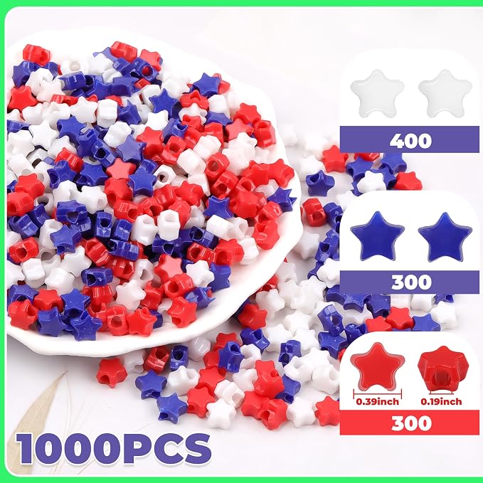 Red White Blue Star Pony Beads for Bracelet 1000 Pcs Independence Day for - Image 2