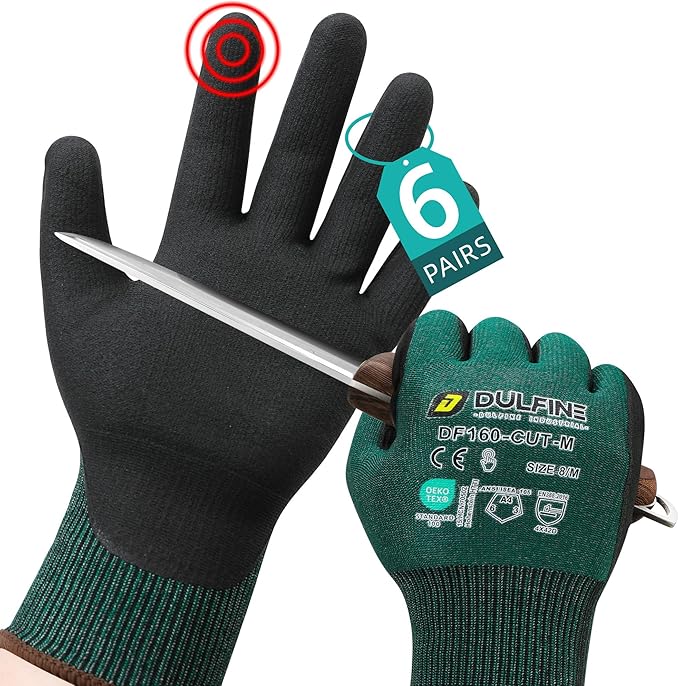 DULFINE ANSI A4 Cut Resistant Work Gloves for Men,6 Pairs Pack.Touchscreen Micro Nitrile Coated,Anti-Slip & Durable for Construction, Wood Cutting,Glass Factory Industrial Use(Medium)