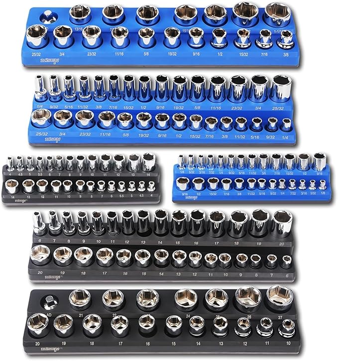 DISEN Magnetic Socket Organizer Set 6PCS Socket Holder Holds 150 Pieces 1/4", 3/8", 1/2" Drive Metric & SAE Socket Trays for Tool Box Drawer (Socket not Included)