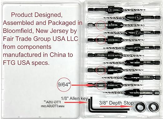FTG USA 12 Pc #6 (9/64") Countersink Drill Bit Set with Depth Stop Collar, Hex Wrench - Tapered Drill Bits for Wood
