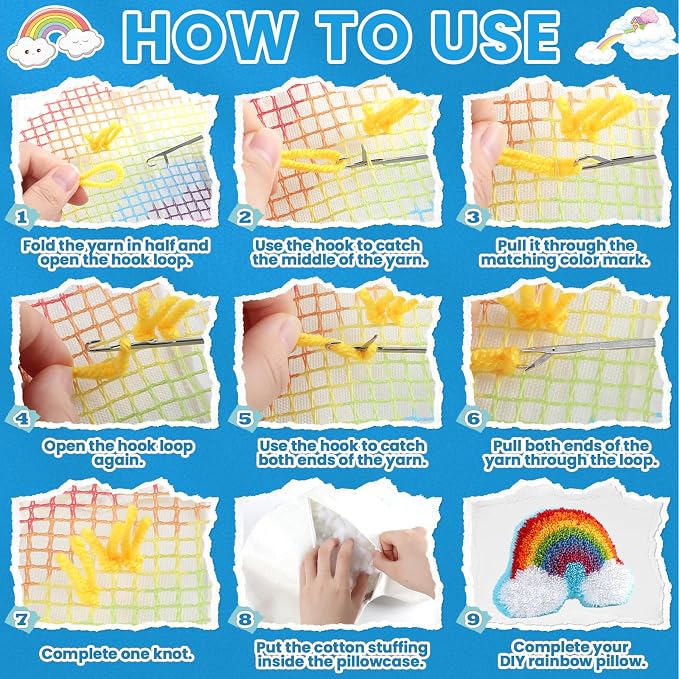 Justforjoyful Rainbow Latch Hook Kit Rainbow Pillow DIY Craft Kit - Image 7