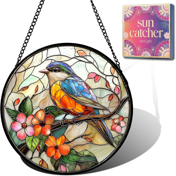 Birds and Flower Acrylic Suncatcher Faux Stained Glass Window Hanging 6.3" | by Unknown