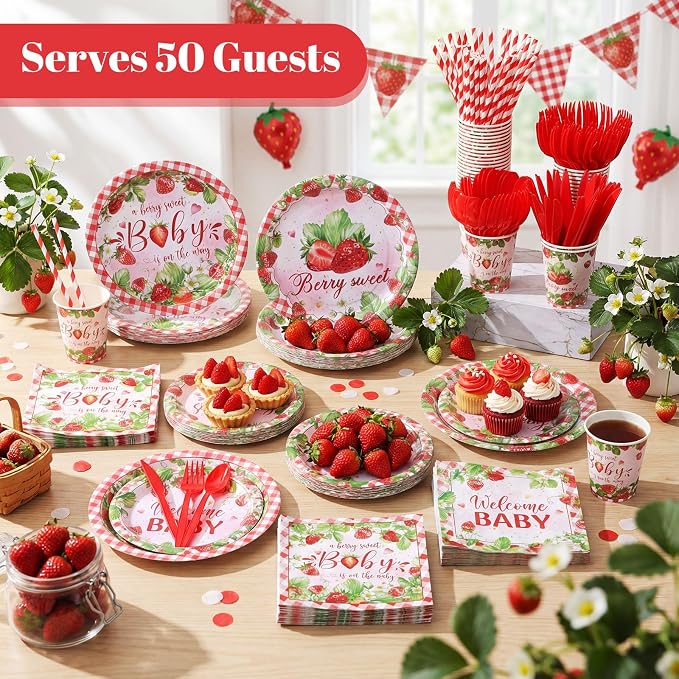 450 Pcs Strawberry Baby Shower Tableware Set Decorations A Berry Sweet Baby - Image 6