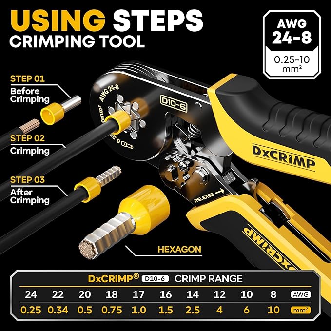 Ferrule Crimping Tool Kit with 24 Sizes Ferrules, Ratchet Pliers for AWG24-8, Hexagonal Wire Crimp Pliers for Professional Electricians and DIY, Durable and Easy to Use with Crimp Connectors