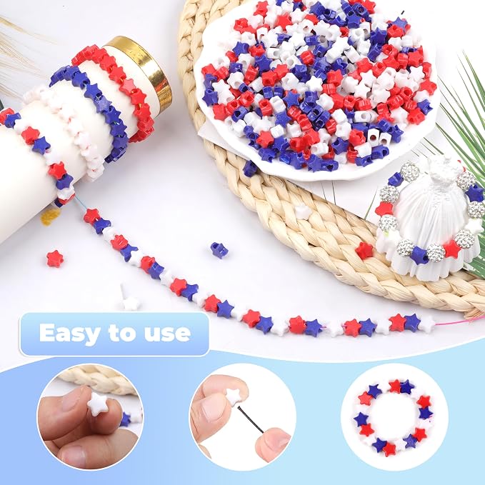 Red White Blue Star Pony Beads for Bracelet 1000 Pcs Independence Day for - Image 4