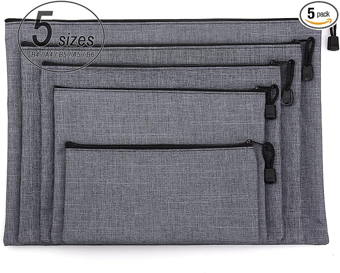 5 Pack Canvas Zipper Tool Bag Set - 5 Sizes B4 A4 B5 A5 B6, Heavy Duty Waterproof Multipurpose Utility Multi Tool Storage Pouch Case for Organizing & Sorting Household Tools, Spare Parts (Gray)
