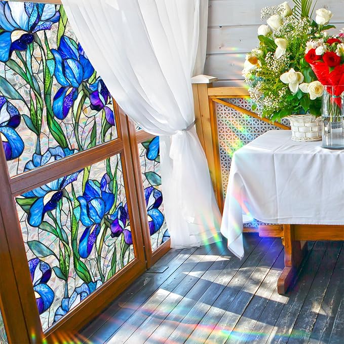 Bloss Blue Iris Flowers Sunroof Film Floral Rainbow Effect Static Clings Window - Image 6