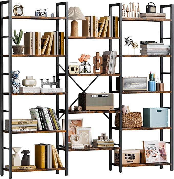 Shintenchi Triple Column 5 Tier Bookshelf, Industrial Large Bookcase Display by Shintenchi%7CFurnitureMadeforRealLife
