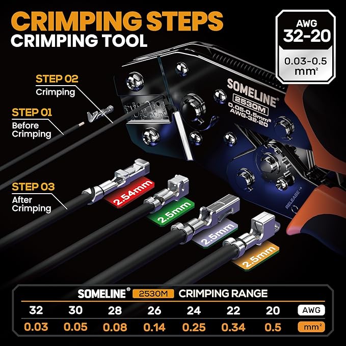 SOMELINE Crimp Tool Connector Kit, JST-XH/SM/SYP 2.5mm and Du pont 2.54mm Connector Set, 27 Types of Connectors, 30-20 AWG Ratcheting Crimper for JST Series,KF2510,Molex,AMP EI Series