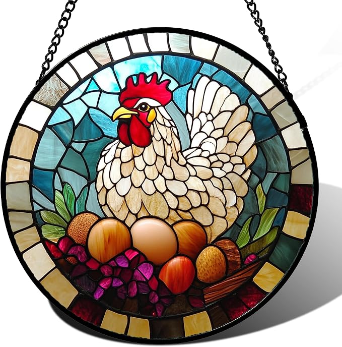 DASTOLL Stained Glass Window Hanging White Chicken Hatching Eggs 6.3" by DASTOLL