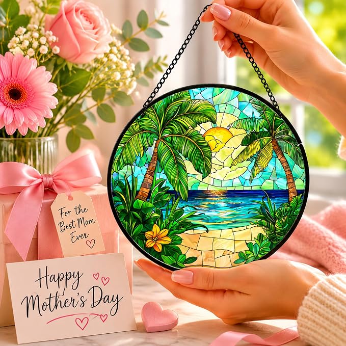 Sunset Beach Acrylic Suncatcher Faux Stained Glass Window Hanging 11.8" | - Image 4