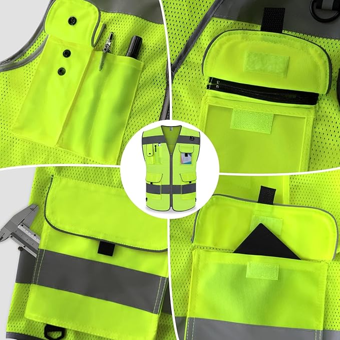 TCCFCCT Mesh High Visibility Vest 9 Pockets Reflective Safety Vest for Men Women, Hi Vis Construction Vest with Reflective Strips, For Workers, Surveyors, Meet ANSI/ISEA Standards, (Yellow, X-Large)