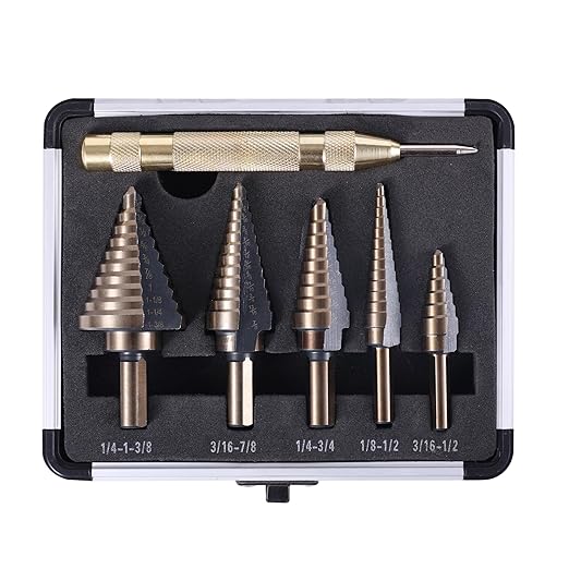 Step Drill Bits, 6PCS (50 Sizes) HSS Step Unibit Drill Bit Set with Auto Center Punch Black and Gold, Double Cutting Blades HSS Drill with Aluminum Case, Multi-Hole Stepped Up Bits for DIY